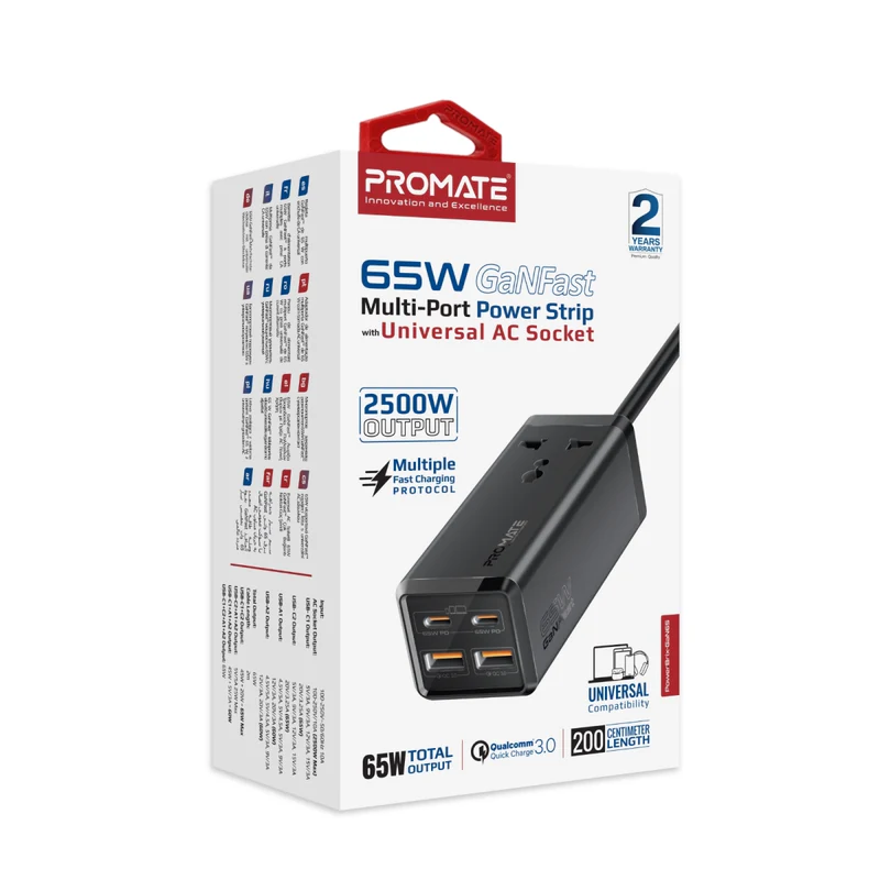 Promate PowerBrix-GaN65 65W GaNFast Multi-Port Power Strip with Universal AC Socket Promate PowerBrix-GaN65 65W GaNFast Multi-Port Power Strip with Universal AC Socket